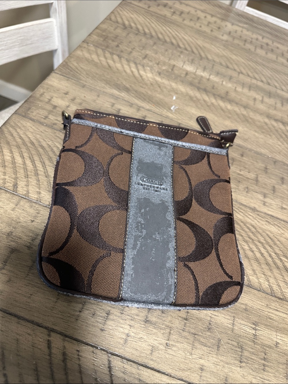 Coach Brown Signature Small Crossbody Pouch with Gray Suede Stripe